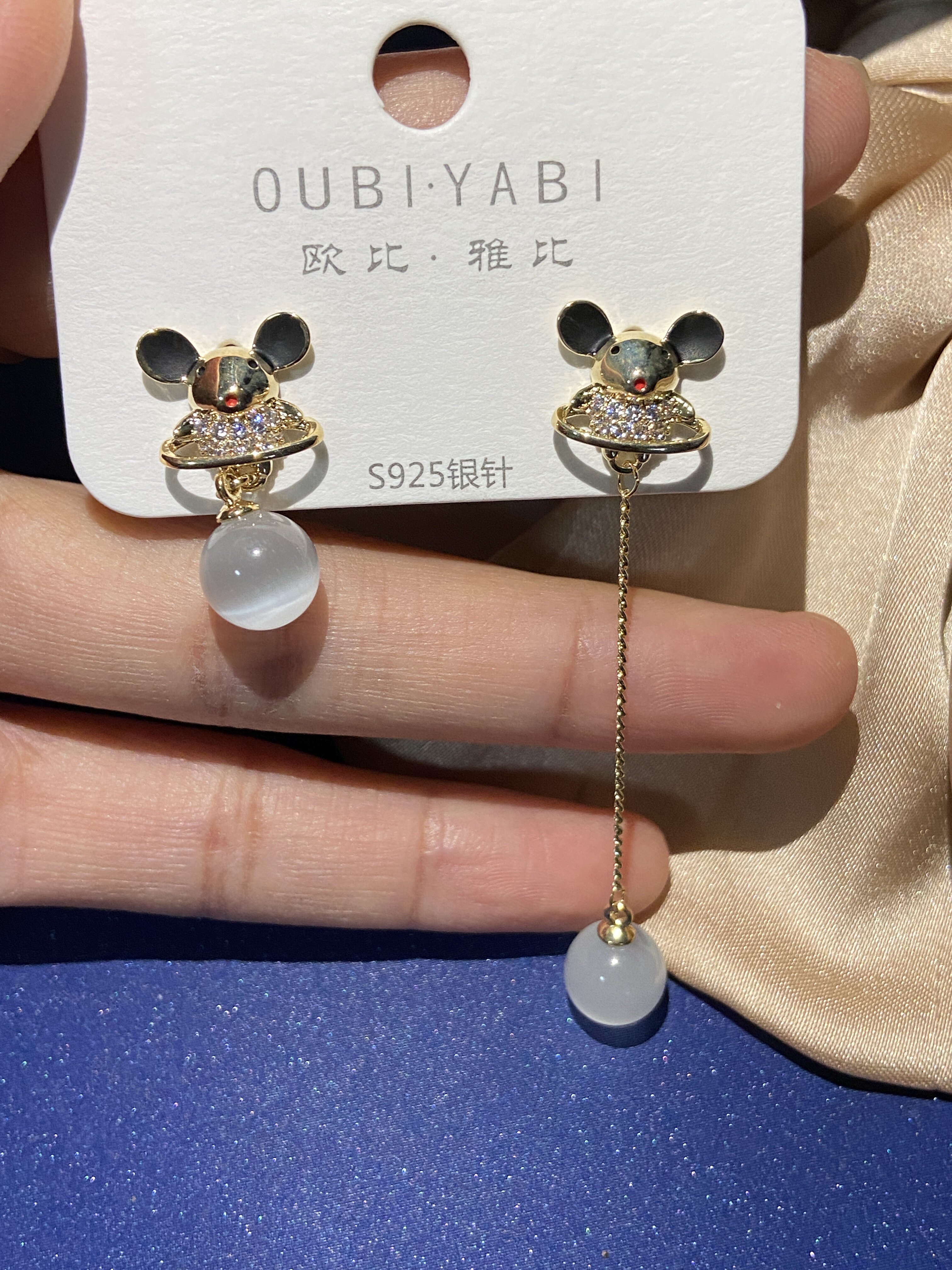 欧比雅比ab款银针猫眼石吊坠耳环微镶米老鼠耳饰可爱个性耳钉