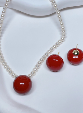 新年秋冬喜庆红色珠珠耳钉项链套装S925银针耳钉珠珠项链气质耳饰