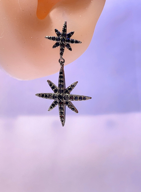 S925银针耳钉镀黑金流星耳环耳饰女八芒星米字星个性潮送女友礼