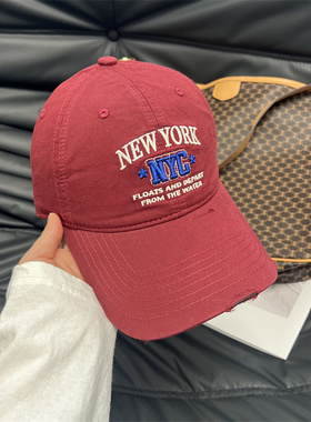 NEWYORK美式复古字母刺绣棒球帽女春季酒红色鸭舌帽潮酷百搭