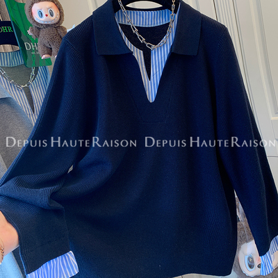 DHR独特好看英伦条纹衬衫针织衫