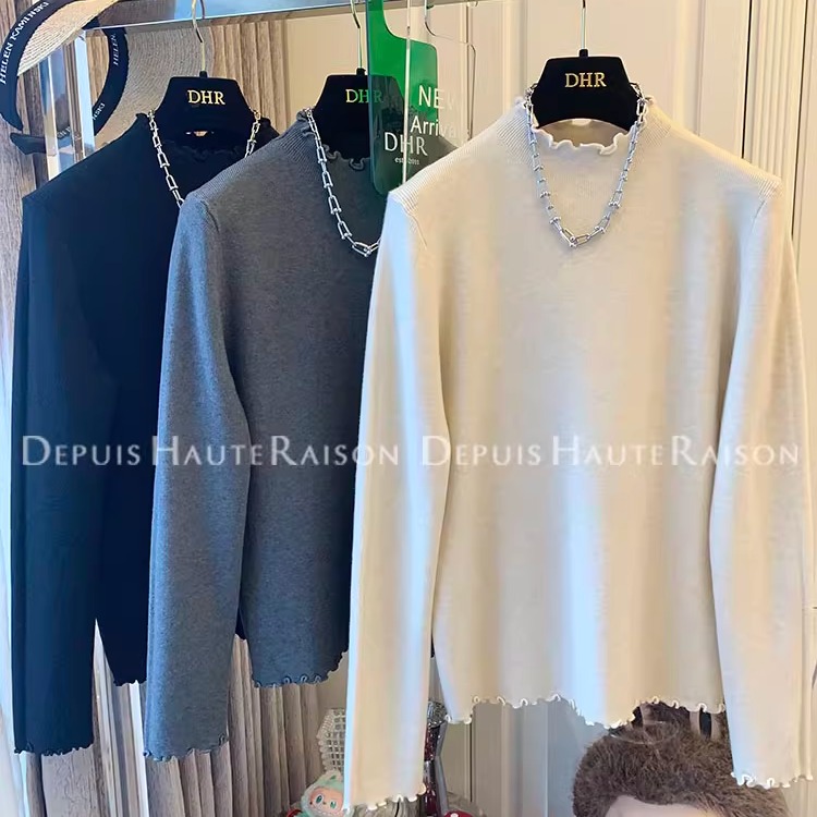 DHR气质木耳花边半高领针织衫