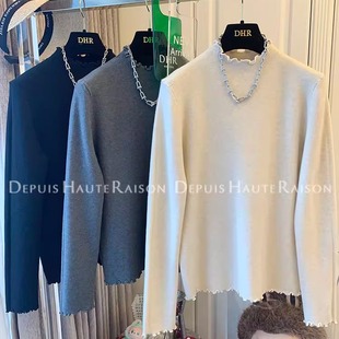 DHR 气质木耳花边半高领针织衫打底衫毛衣宽松加厚内搭上衣女冬装