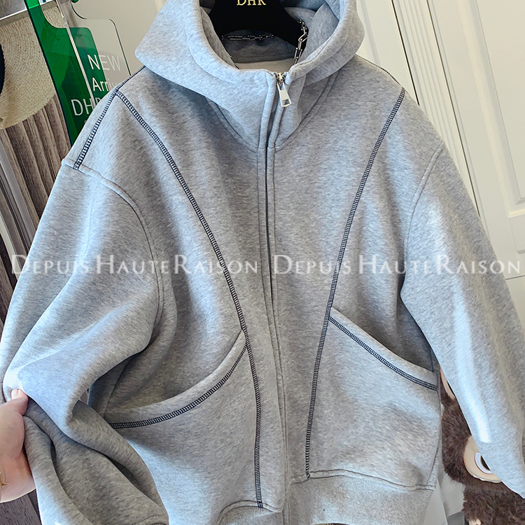 DHR美式灰色加绒连帽拉链卫衣