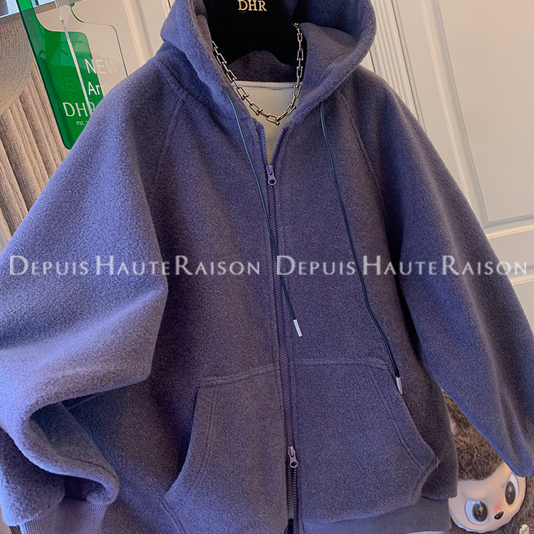 DHR双拉链加厚加绒紫色连帽卫衣