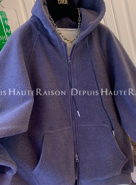 DHR 休闲双拉链加厚加绒紫色连帽卫衣外套宽松大版上衣女2025冬装
