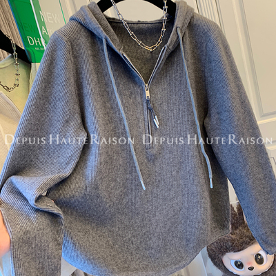 DHR美式气质半拉链连帽针织衫