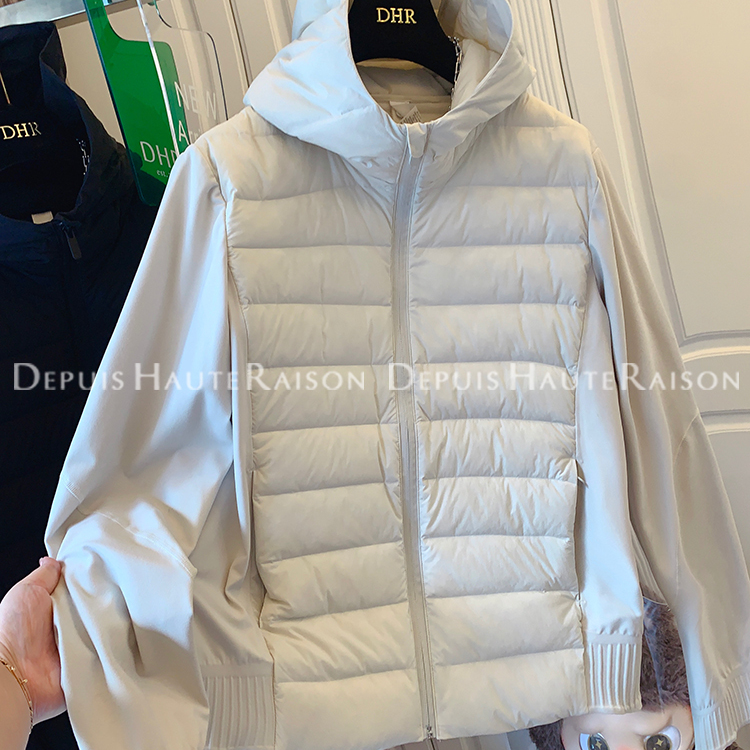 DHR拉链拼接连帽排骨轻薄羽绒服