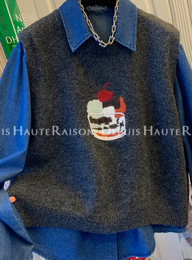 DHR 独特超好看蛋糕针织马甲毛衣背心牛仔衬衫宽松两件套女2025冬