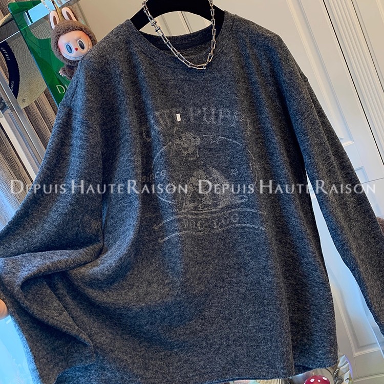 DHR美式气质减龄小狗灰色长袖T恤