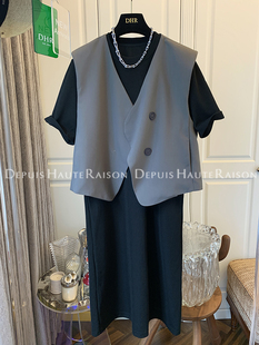 裙 今年流行漂亮套装 高级感灰色马甲背心黑色连衣裙长裙子女装 DHR