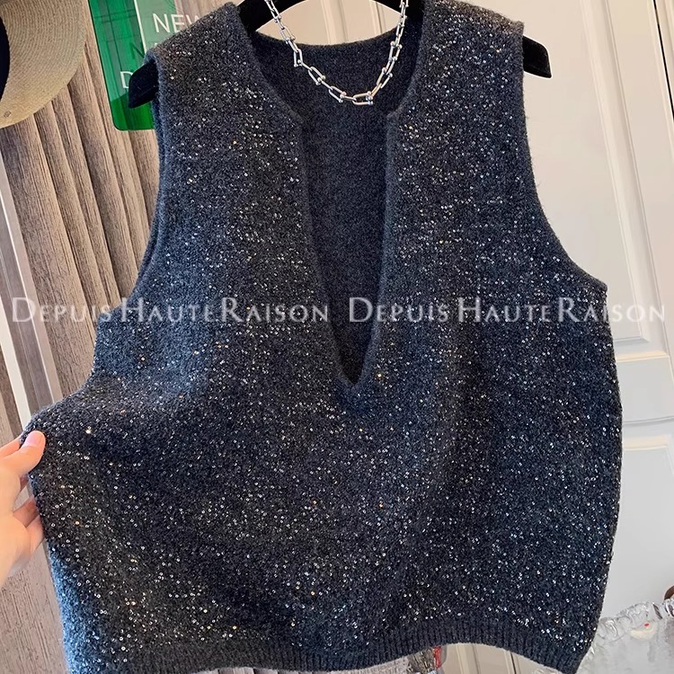 DHR好看法式气质亮片针织衫马甲