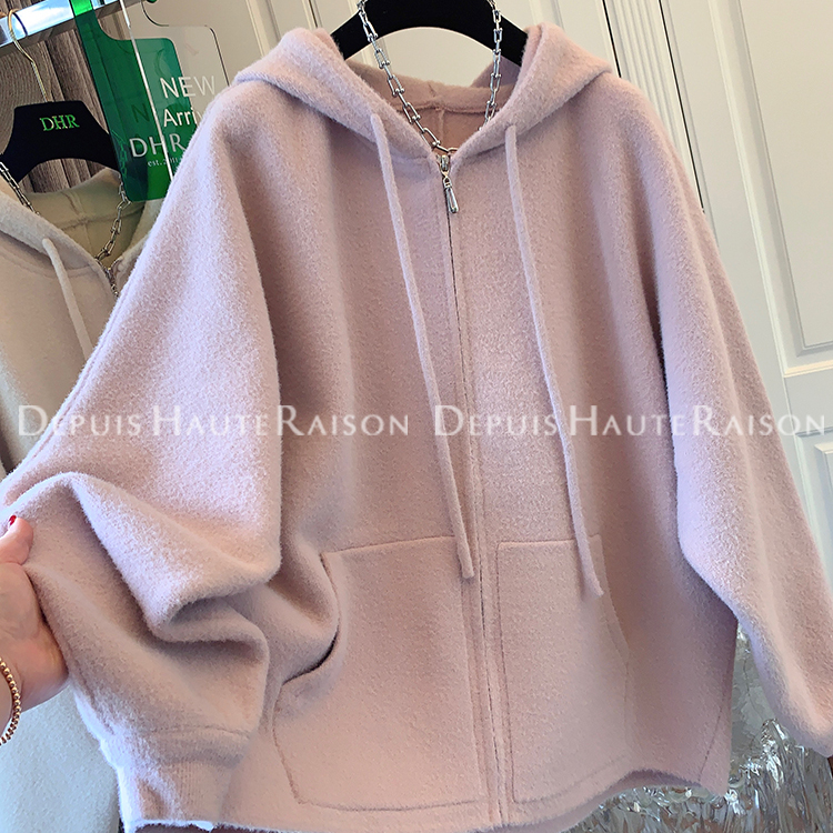 DHR 超好看连帽宽松慵懒风蝙蝠袖毛衣针织外套开衫上衣女加厚新款