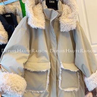 DHR 高级感工装风连帽环保羊羔毛羽绒服宽松休闲外套大衣女冬新款