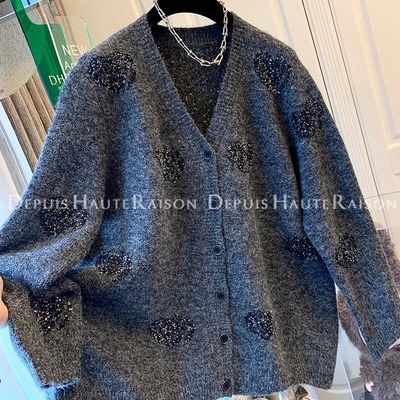 DHR慵懒风亮片爱心V领毛衣针织衫