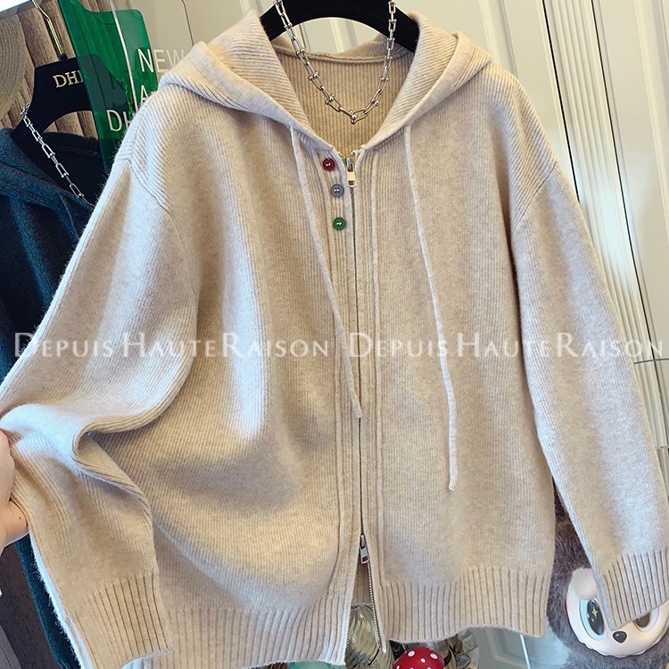 DHR设计好看拉链软糯连帽针织衫