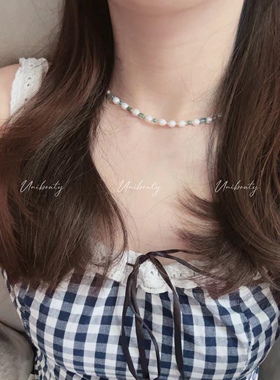 原创设计手工天然淡水珍珠米珠复古高级轻奢小众彩色水晶珠串项链