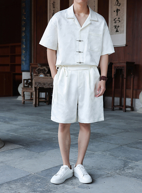 中国风提花翻领衬衣加短裤一套  中式套装 1928-P100