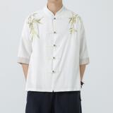风刺绣立领棉麻衬衫男短袖夏季中式复古唐装衬衣茶服1906-P75，男装衬衫，电商B378（原B341）