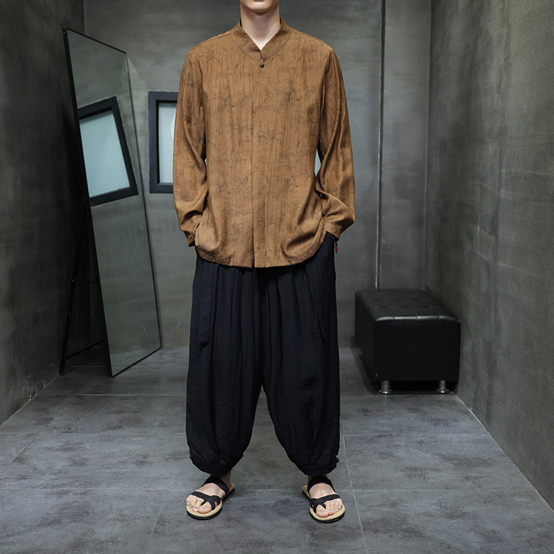 风复古盘扣立领长袖衬衣男装新中式古风汉服宽松衬衫1901-P65,男装衬衫,电商B378（原B341）