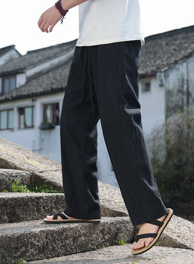 夏季男士亚麻休闲裤大码透气薄款直筒裤复古宽松直筒裤子K30-P75