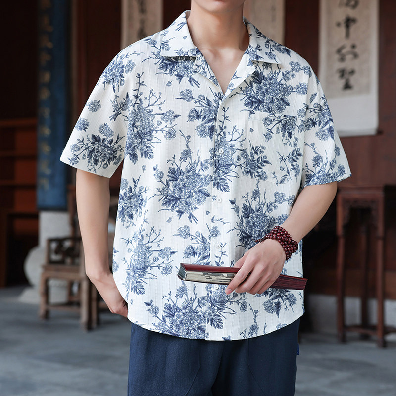 夏季薄款凉感翻领衬衣复古风印花大码衬衫1926-P55,男装衬衫,电商B378（原B341）