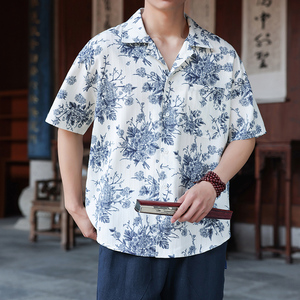 夏季薄款凉感翻领衬衣复古风印花大码衬衫1926-P55