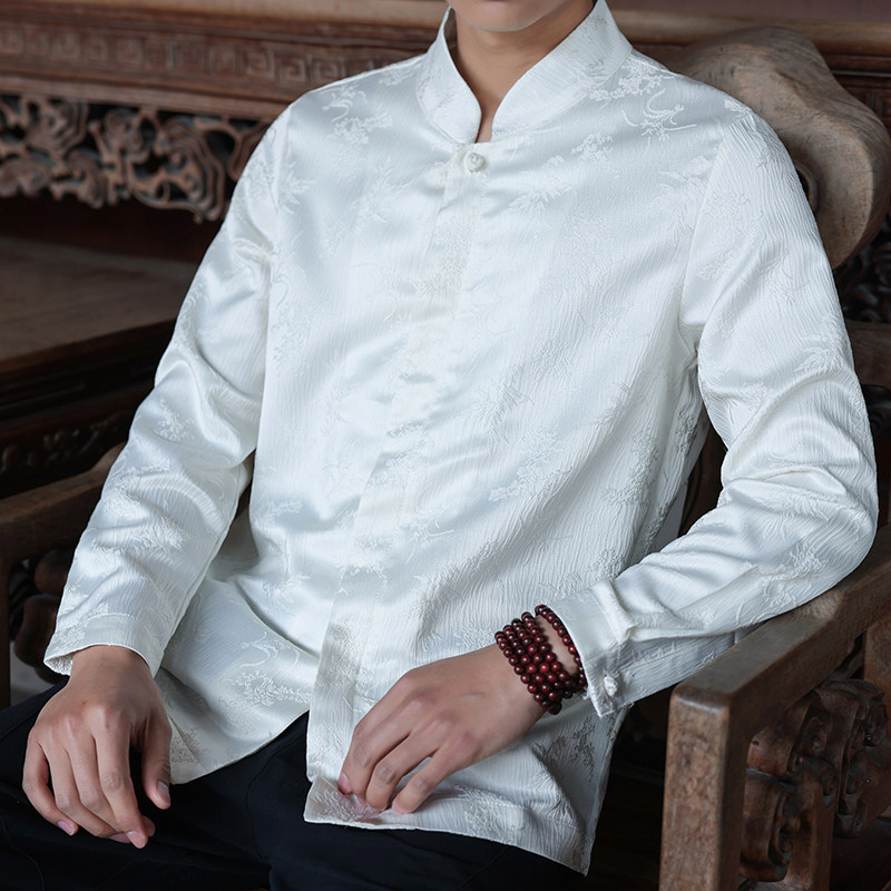 秋季新中式提花立领长袖衬衫盘扣宽松大码唐装1922-P65,男装衬衫,电商B378（原B341）