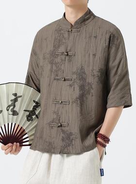 中国风男装古风盘扣五分袖国潮夏季轻薄款冰丝短袖衬衫  1905-P65