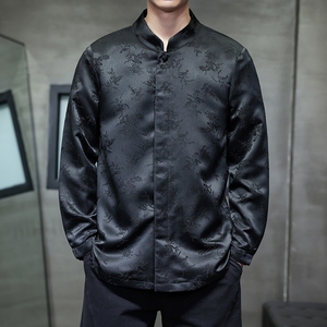 2025春新中式风男装复古长袖汉服衬衫暗纹提花立领衬衣1922-P65图片