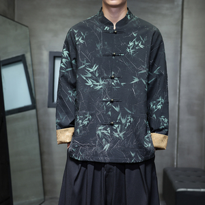 2024风竹叶印花褶皱外套男装秋季唐装改良夹克汉服1910-P100图片