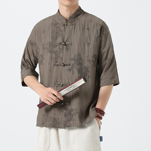 风男装新中式唐装古风盘扣潮夏薄款短袖五分袖衬衫1905-P65图片