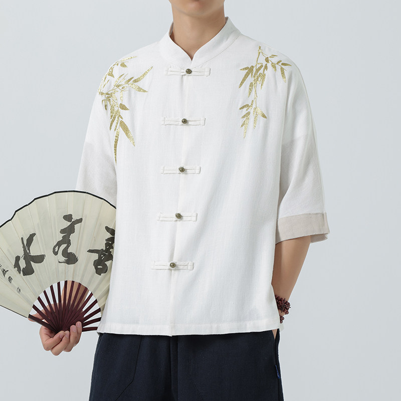 夏季风棉麻短袖长衫大褂复古水洗做旧麻料衬衫1906-P75,男装T恤,电商B378（原B341）