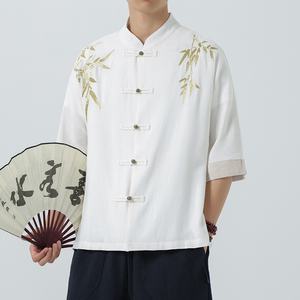 夏季风棉麻短袖长衫大褂 复古水洗做旧麻料衬衫 1906-P75图片