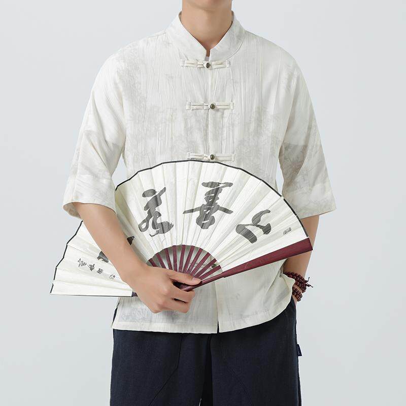 风男装古风盘扣五分袖潮夏季轻薄款冰丝短袖衬衫1905-P65,男装衬衫,电商B378（原B341）