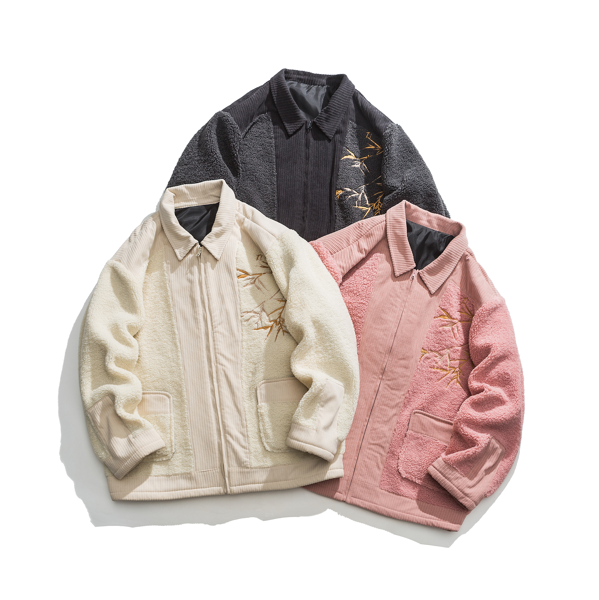 平铺图冬季羊羔毛刺绣外套男女同款毛绒夹克1925-P130，男装夹克，电商B378（原B341）