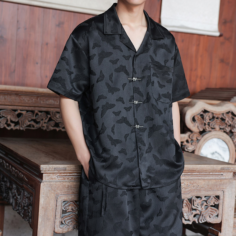 新中式盘扣翻领衬衫风蝴蝶提花半袖衬衣1925-P60，男装T恤，电商B378（原B341）