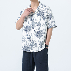 2025夏季男士印花休闲衬衫新中式大码薄款透气花式衬衣1926-P55图片
