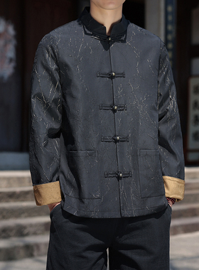 中国风立领盘扣唐装秋冬新中式浮雕褶皱撞色中山装 1902-P100