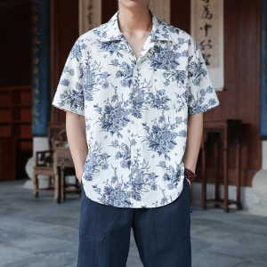 复古印花翻领衬衣新中式花样短袖已出货1926-P55