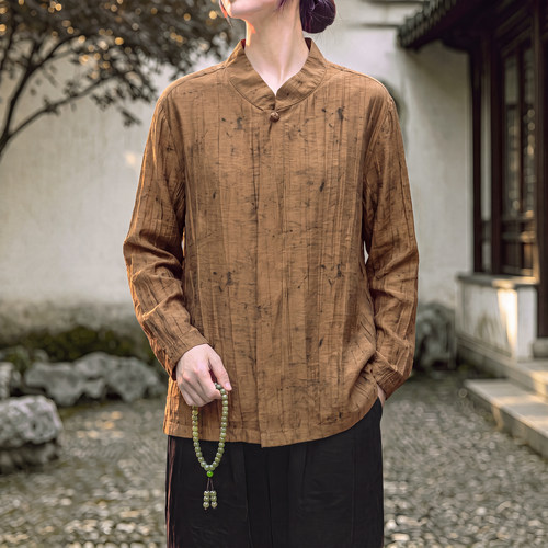 中国风立领仿醋酸长袖衬衣宽松大码褶皱衬衫 1901-P65