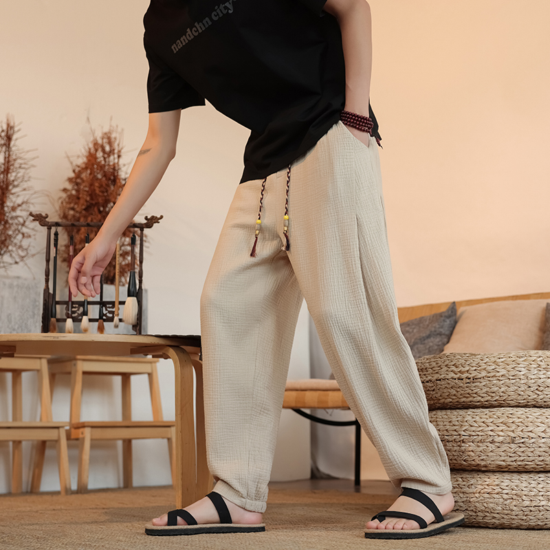 全棉薄款透气哈伦长裤民族风褶皱收口灯笼裤K37-P60，男装民族服装，电商B378（原B341）