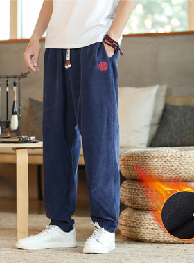 中国风刺绣直筒休闲长裤秋冬加绒厚款哈伦裤束脚裤 K07-P75