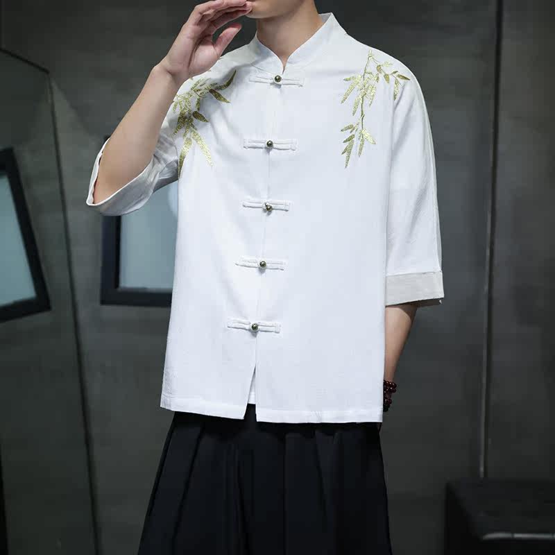 2025夏季复古棉麻中式衬衫刺绣汉服短袖唐装1906-P75,男装T恤,电商B378（原B341）