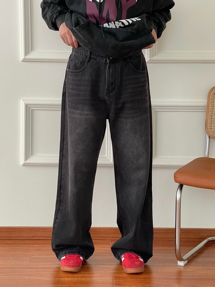 PIFU   水洗做旧半松紧牛仔裤宽松阔腿垂感休闲直筒百搭长裤子