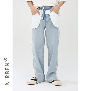 PIFU 浅蓝色直筒流行牛仔裤反面设计感宽松休闲拉链开衩潮流长裤