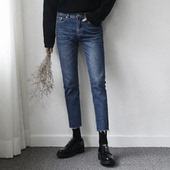 新款 小脚毛边裤 时尚 铅笔牛仔裤 PIFU 蓝色修身 个性 男磨边九分裤