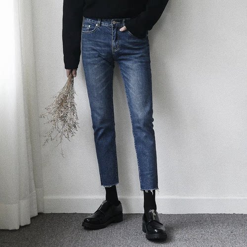 时尚磨边蓝色修身小脚九分裤