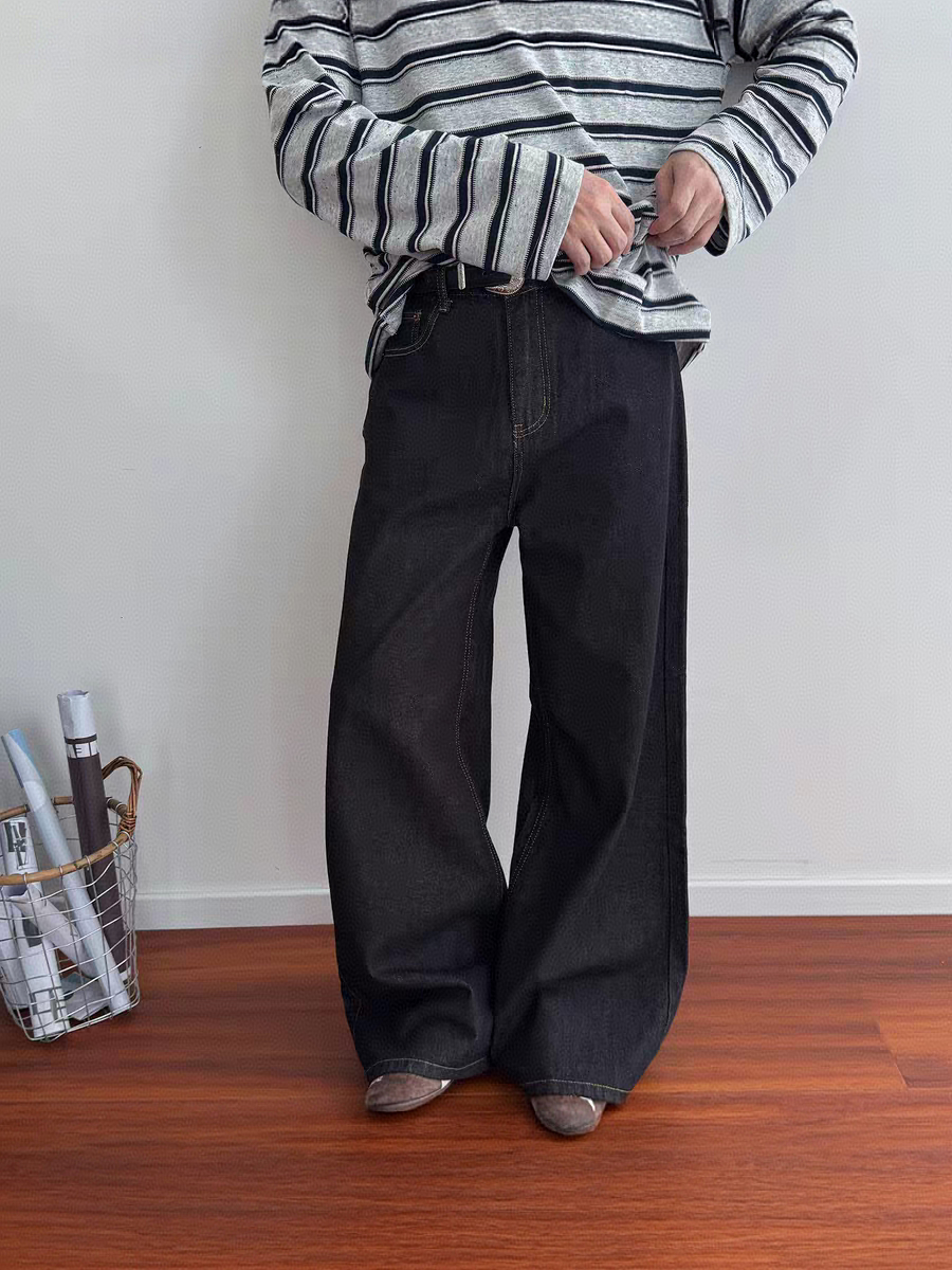 PIFU复古阔腿丹宁原色牛仔裤春秋宽松显瘦垂感直筒裤拖地裤长裤子