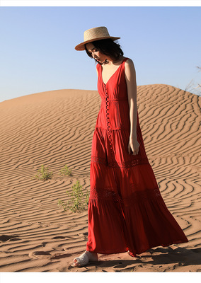 绵绸雪纺拼接大红色超仙度假裙